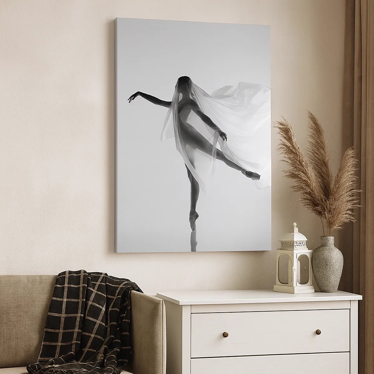 Impression sur toile - Image sur toile - Une danseuse dans une pose éthérée avec un tissu fluide - 50x70cm - Légèreté et grâce - Décoration murale moderne pour le salon et la chambre ARTTOR