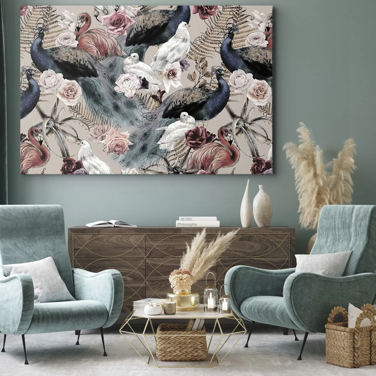 Impression sur toile - Image sur toile - Un paysage avec des plumes de paon, des roses et des oiseaux dans un style romantique. - 120x80cm - Dans un jardin de palace - Décoration murale moderne pour le salon et la chambre ARTTOR