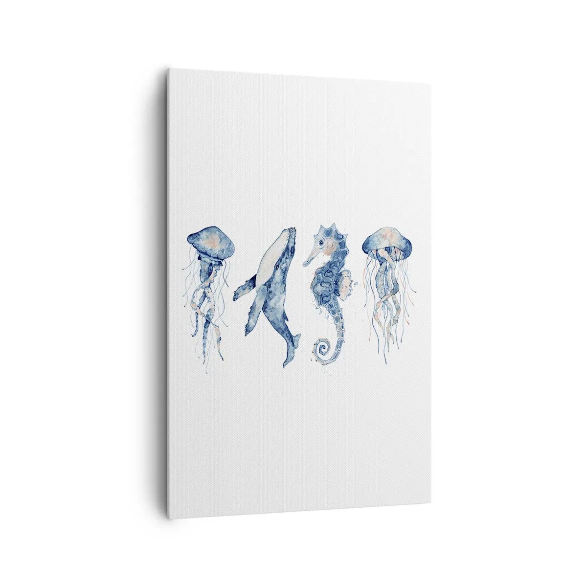 Impression sur toile - Image sur toile - Méduse, baleine et hippocampe dans un style aquarelle - 80x120cm - Merveilles de la mer - Décoration murale moderne pour le salon et la chambre ARTTOR