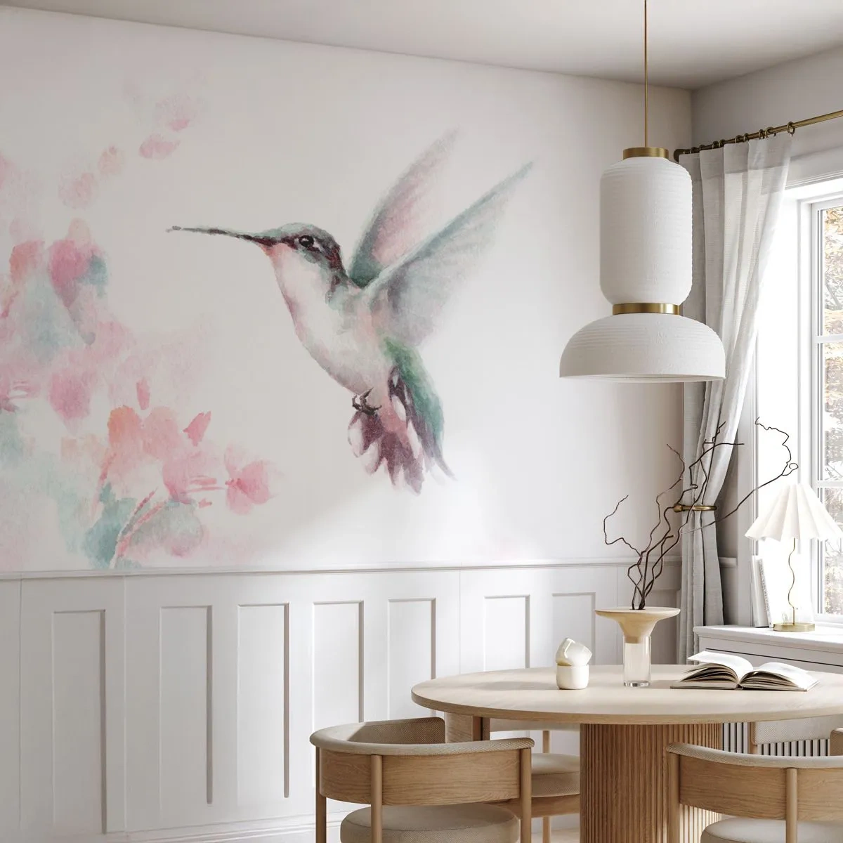 Papier Peint Photo Premium Sand - Colibri aquarelle parmi des fleurs pastel - 100x70cm - Immortalisé dans un battement - Décoration murale moderne pour le salon et la chambre ARTTOR
