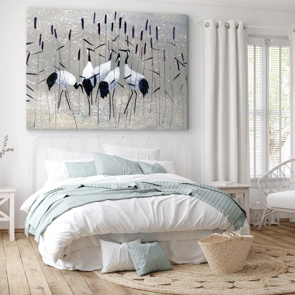 Impression sur toile - Image sur toile - Hérons dans l'herbe sur un fond paisible - 100x70cm - Parmi les siens - Décoration murale moderne pour le salon et la chambre ARTTOR