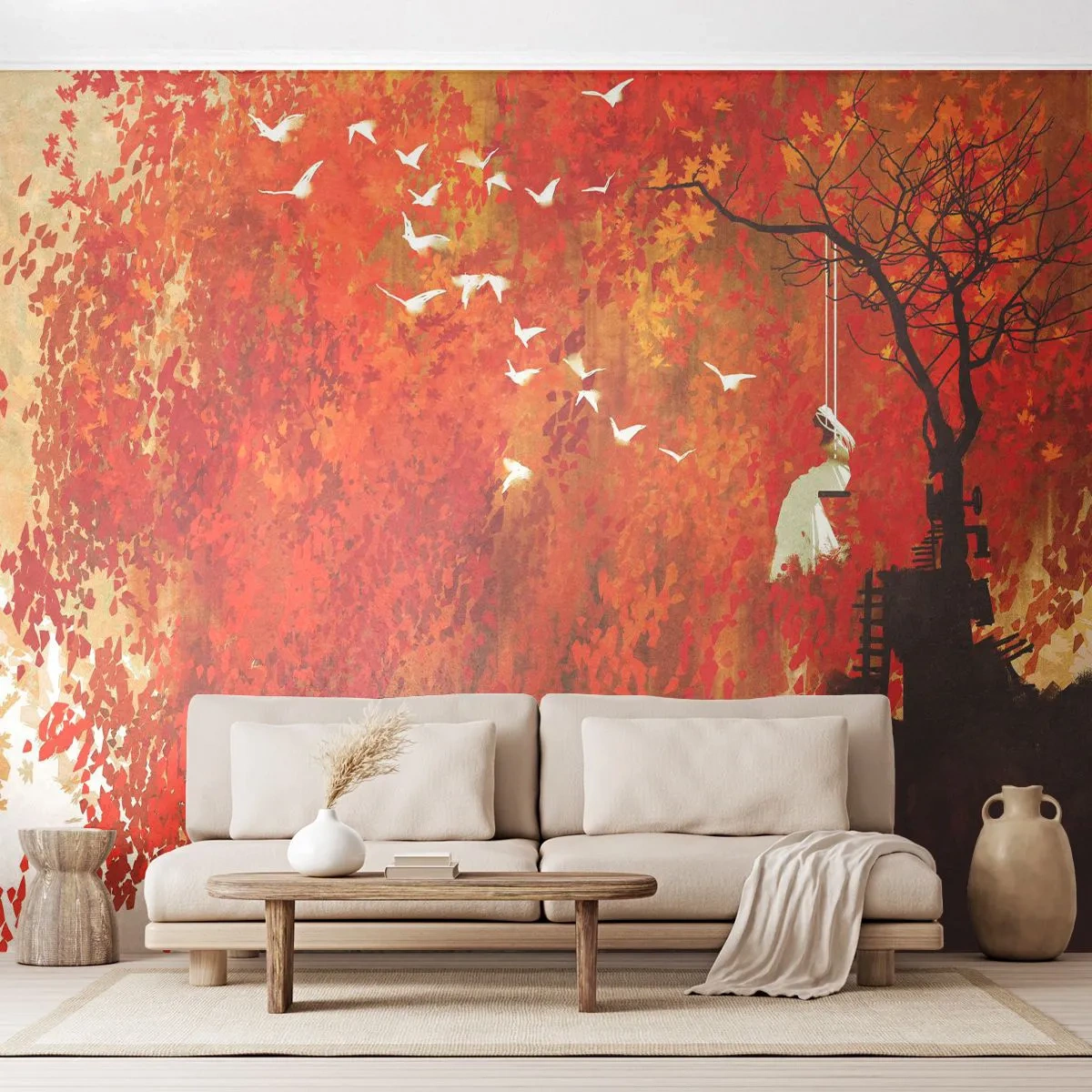 Papier Peint Photo Standard Eco - S'envolera-t-il avec eux ? - Abstraction, Femme, Des oiseaux - 150x105 cm