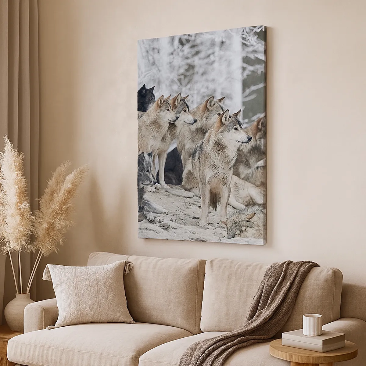 Impression sur toile - Image sur toile - Une meute de loups dans la forêt d'hiver - 50x70cm - Famille et amis - Décoration murale moderne pour le salon et la chambre ARTTOR