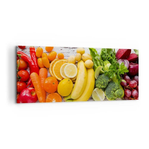 Impression sur toile - Image sur toile - Fruits et légumes colorés sur fond de bois - 120x50cm - Ce n'est pas suffisant? - Décoration murale moderne pour le salon et la chambre ARTTOR