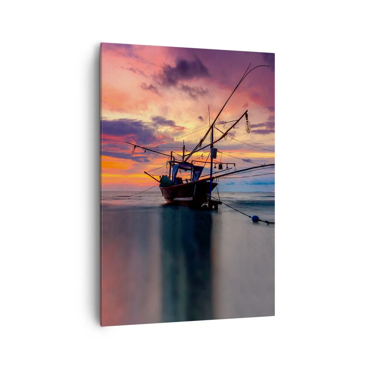 Impression sur toile - Image sur toile - Un bateau de pêche sur fond de coucher de soleil coloré - 70x100cm - Soirée exotique - Décoration murale moderne pour le salon et la chambre ARTTOR