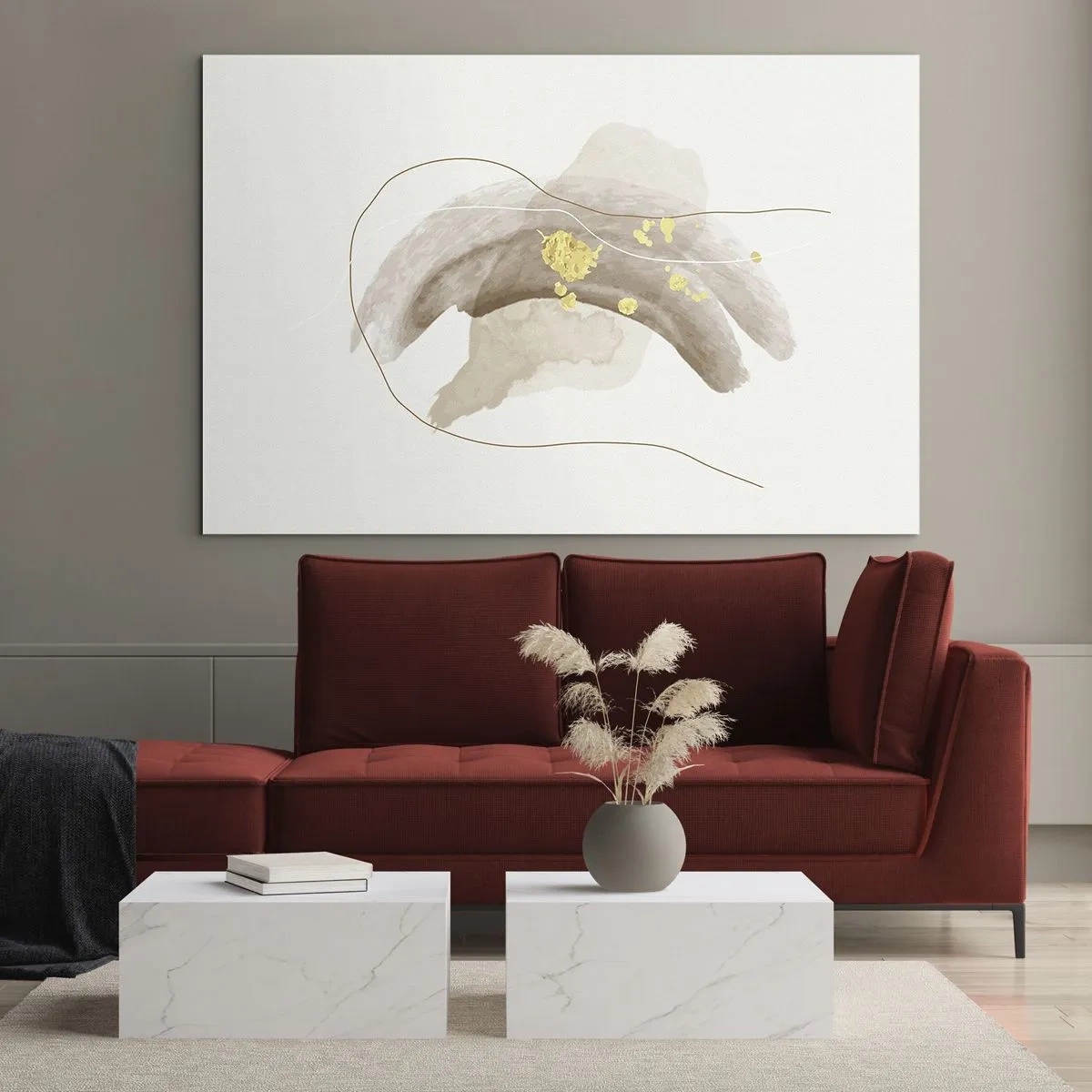 Impression sur verre - Image sur verre - Abstraction beige et or avec des lignes et des formes délicates - 100x70cm - rencontré dans l'espace - Décoration murale moderne pour le salon et la chambre ARTTOR