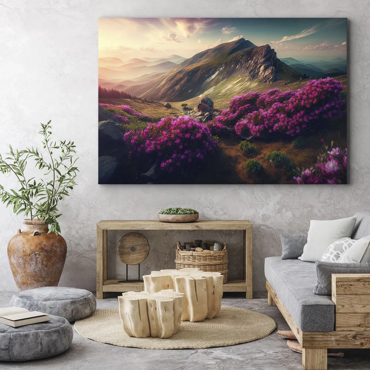 Impression sur toile - Image sur toile - Paysage de montagne avec des rhododendrons en fleurs - 70x50cm - L'été à la montagne - Décoration murale moderne pour le salon et la chambre ARTTOR