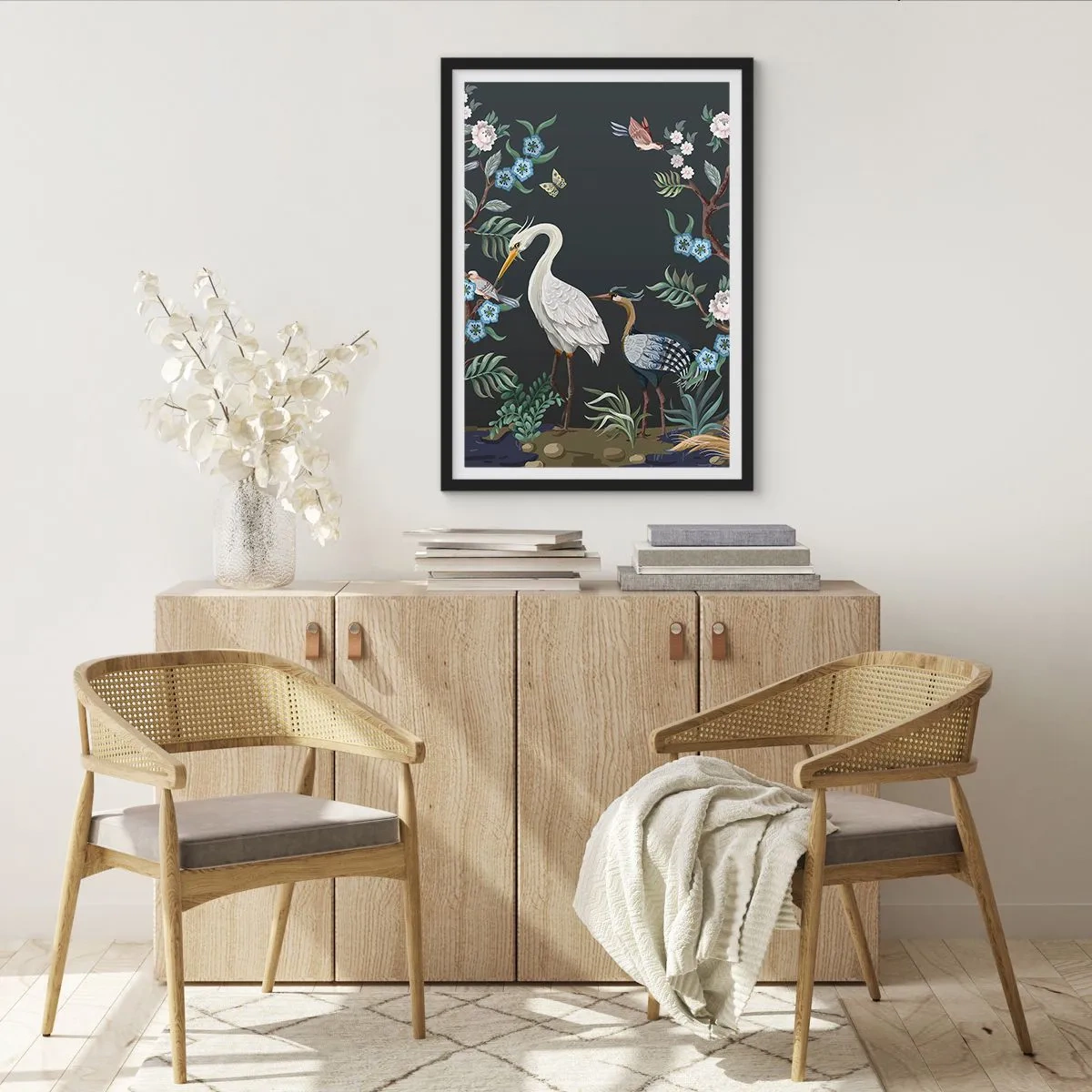 Affiche dans un cadre noir - Poster - Illustration d'oiseaux parmi des fleurs sur fond sombre - 50x70cm - Parade d'oiseaux - Décoration murale moderne pour le salon et la chambre ARTTOR