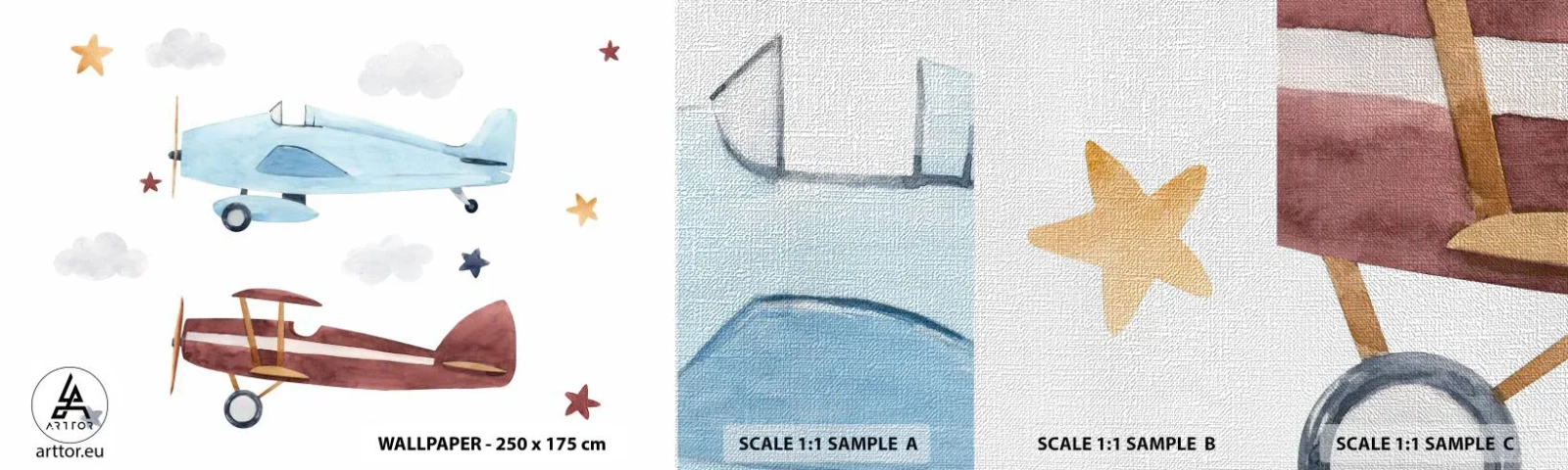 Échantillon de Papier Peint Premium Canvas - Monsieur le pilote, nous vous attendons ! - Avions, Rétro, Enfants - 100x30 cm