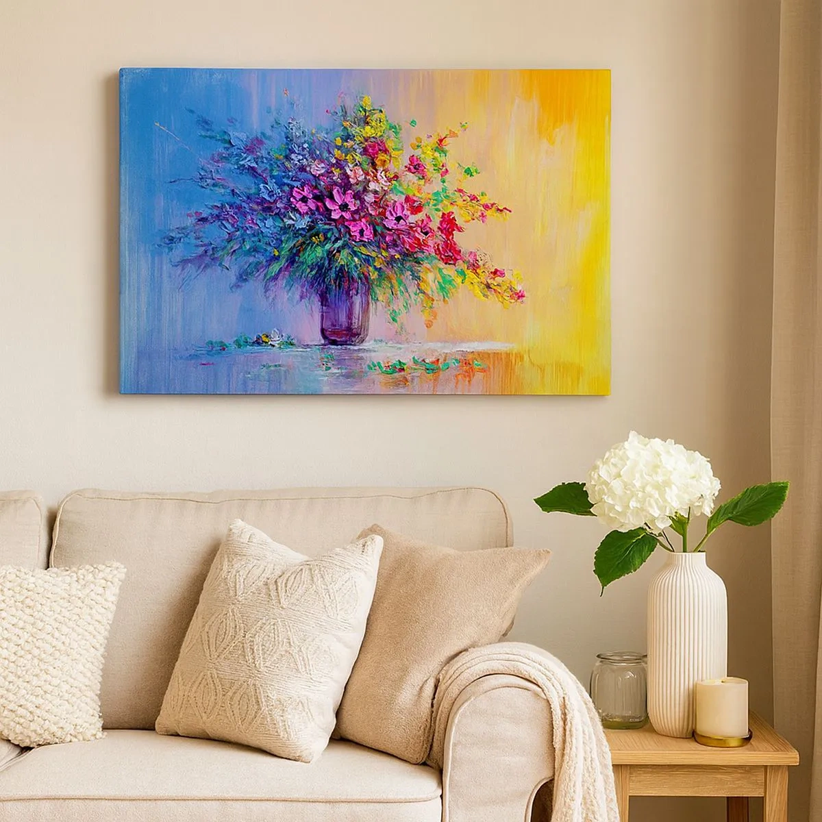 Impression sur toile - Image sur toile - Un bouquet de fleurs colorées dans un vase sur un fond dégradé - 70x50cm - Cadeau d'été de la prairie - Décoration murale moderne pour le salon et la chambre ARTTOR