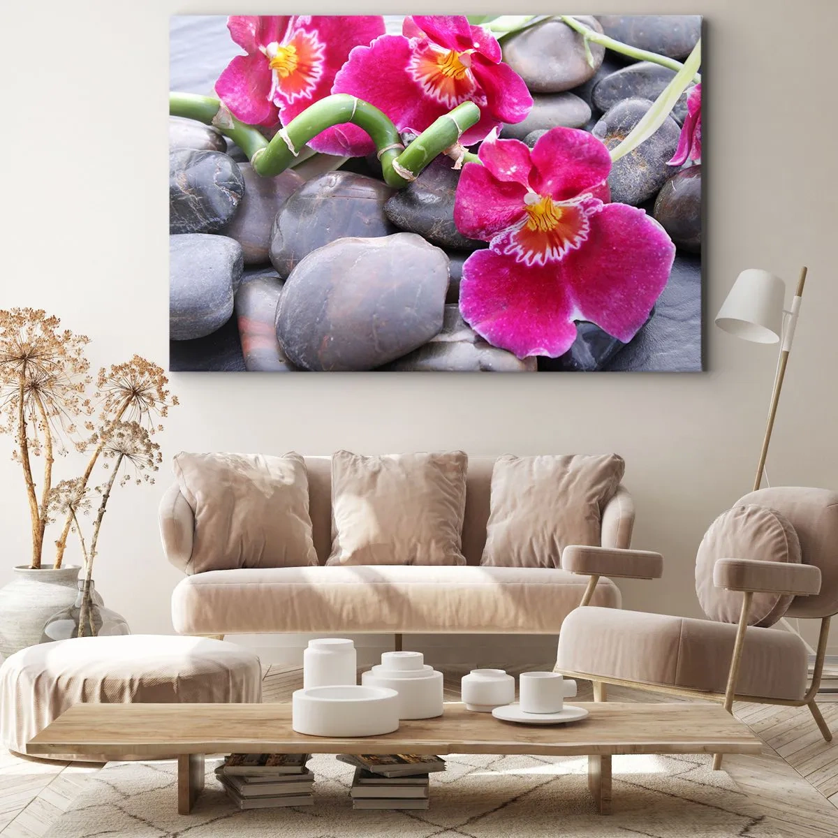 Impression sur toile - Image sur toile - Orchidées roses sur fond de pierres lisses - 120x80cm - Refroidir et chauffer - Décoration murale moderne pour le salon et la chambre ARTTOR