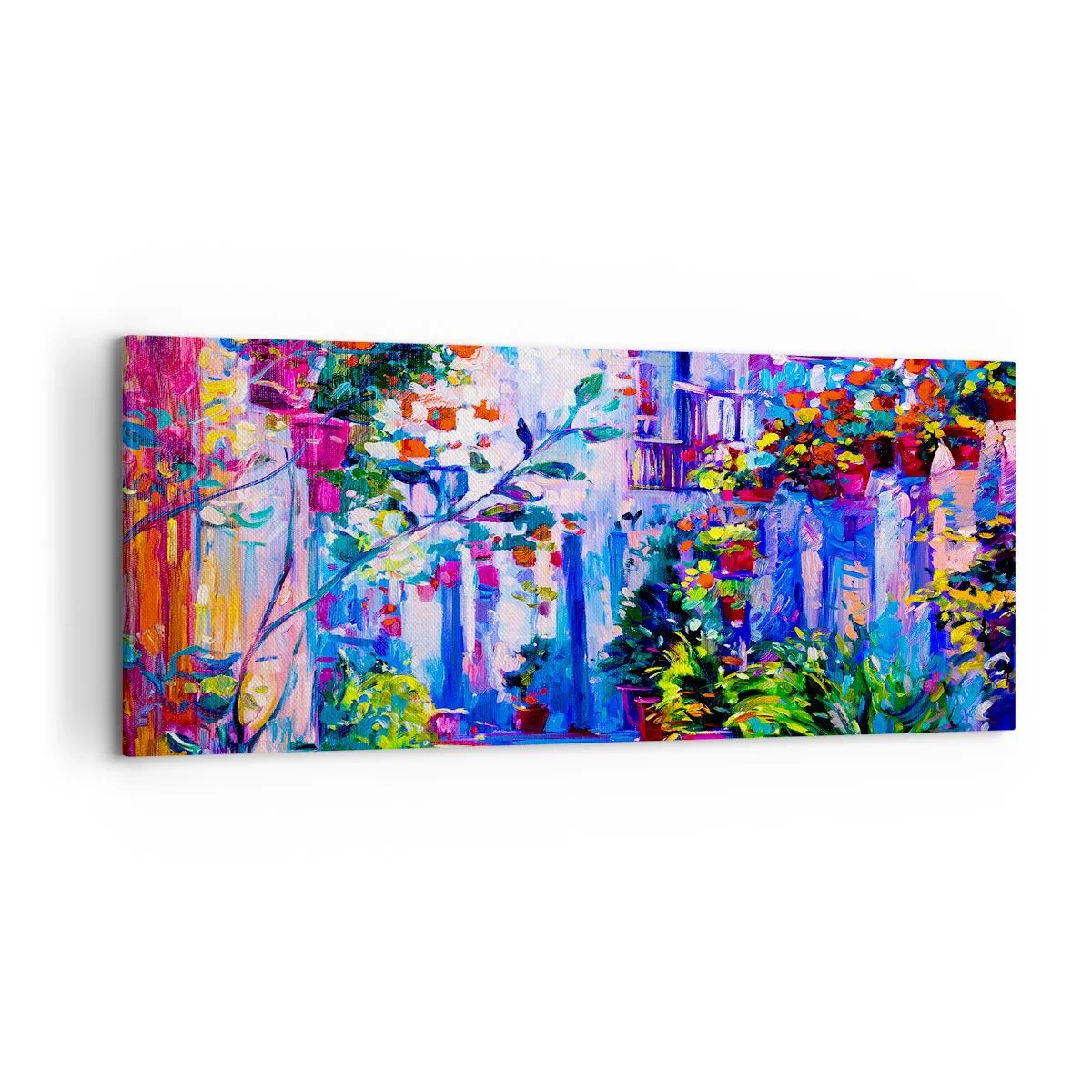 Impression sur toile - Image sur toile - Une rue colorée pleine de fleurs - 120x50cm - Impression - une rue italienne - Décoration murale moderne pour le salon et la chambre ARTTOR