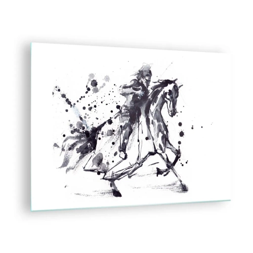 Impression sur verre - Image sur verre - Peinture en noir et blanc d'un cavalier sur un cheval dans un style abstrait - 70x50cm - Chevalier noir - Décoration murale moderne pour le salon et la chambre ARTTOR