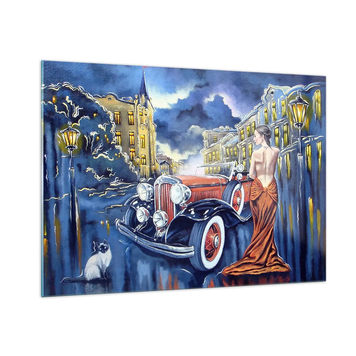 Impression sur verre - Image sur verre - Une femme dans une robe élégante à côté d'une voiture classique - 100x70cm - Nocturne en bleu et corail - Décoration murale moderne pour le salon et la chambre ARTTOR