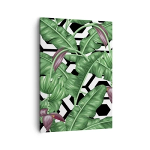 Impression sur toile - Image sur toile - Feuilles tropicales sur fond géométrique - 50x70cm - Une composition symétrique par nature - Décoration murale moderne pour le salon et la chambre ARTTOR