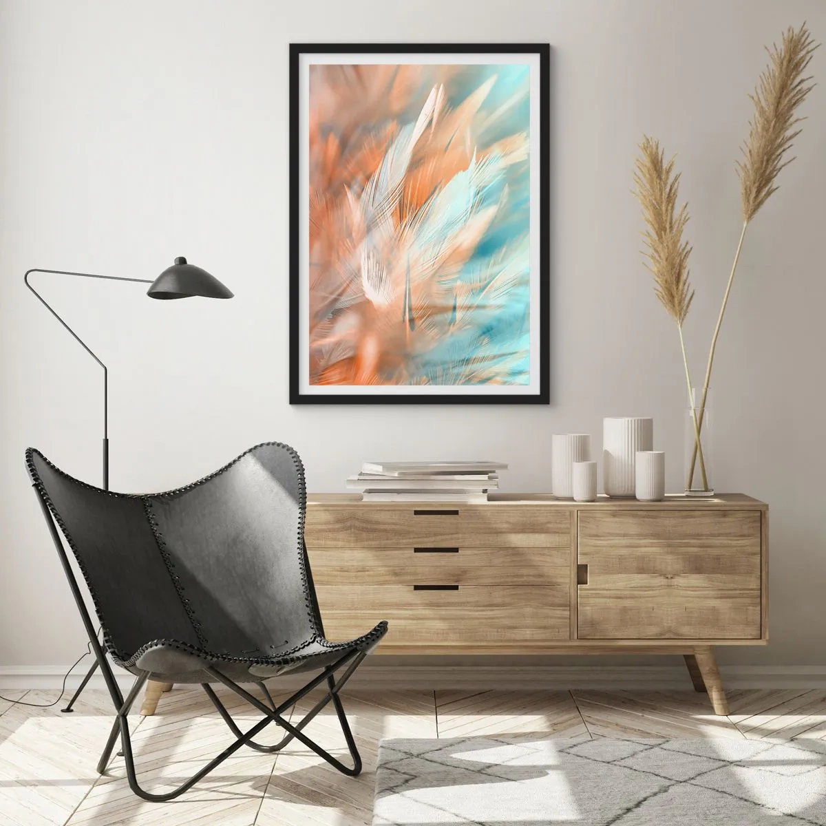 Affiche dans un cadre noir - Poster - Plumes délicates dans des tons de bleu et de pêche - 50x70cm - Au pays de la douceur - Décoration murale moderne pour le salon et la chambre ARTTOR