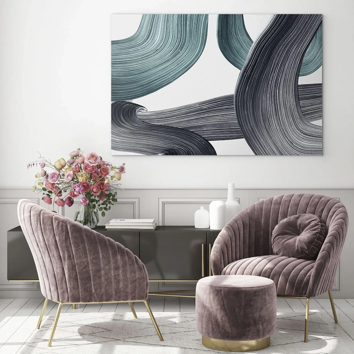 Impression sur verre - Image sur verre - Stries dynamiques dans les tons émeraude et noir sur fond blanc - 70x50cm - Sentiers émeraude et noirs - Décoration murale moderne pour le salon et la chambre ARTTOR
