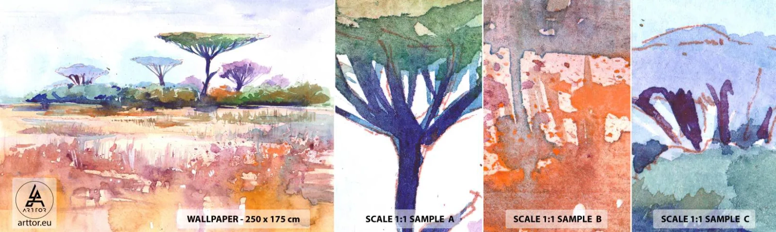 Échantillon de Papier Peint Autocollant Deluxe Sticker - Couleurs de savane - Paysage, Savane, Afrique - 100x30 cm