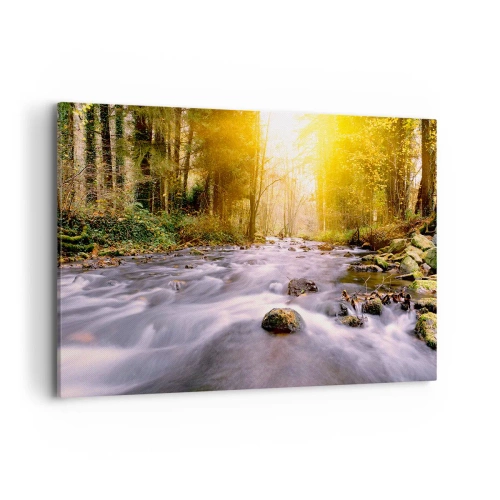 Impression sur toile - Image sur toile - Un ruisseau forestier illuminé par les rayons du soleil - 120x80cm - Malachite dans un cadre argent et or - Décoration murale moderne pour le salon et la chambre ARTTOR