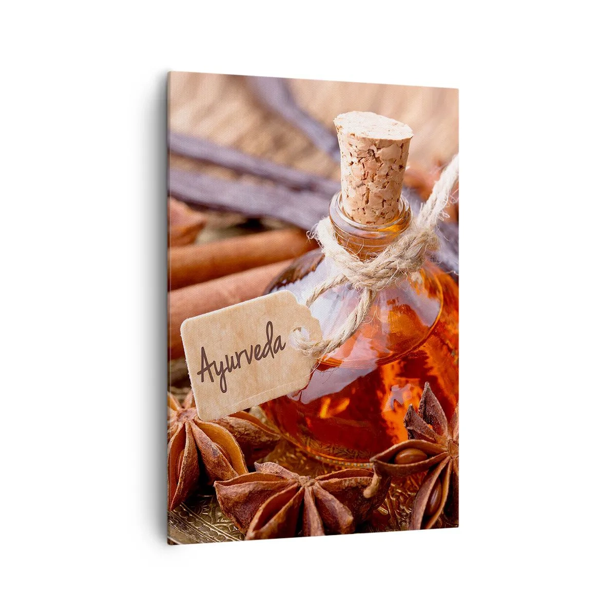 Impression sur toile - Image sur toile - Une bouteille d'huile d'épices sur un plateau - 70x100cm - Vers l'unité du corps et de l'esprit - Décoration murale moderne pour le salon et la chambre ARTTOR