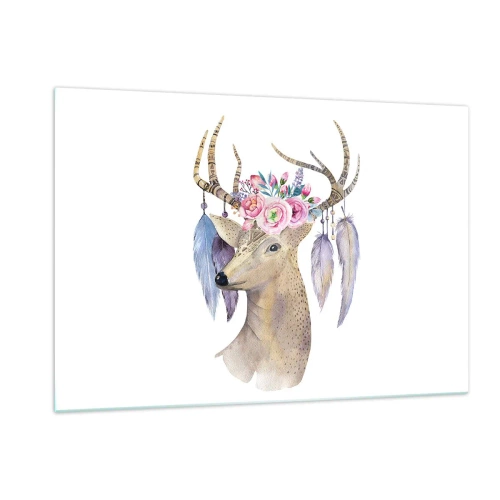 Impression sur verre - Image sur verre - Cerf avec une couronne de fleurs et des plumes - 120x80cm - Guide de l'âme - doux, innocent - Décoration murale moderne pour le salon et la chambre ARTTOR
