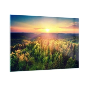 Impression sur verre - Image sur verre - Coucher de soleil sur une forêt de montagne avec vue sur les vallées - 100x70cm - Monts et sommets - Décoration murale moderne pour le salon et la chambre ARTTOR