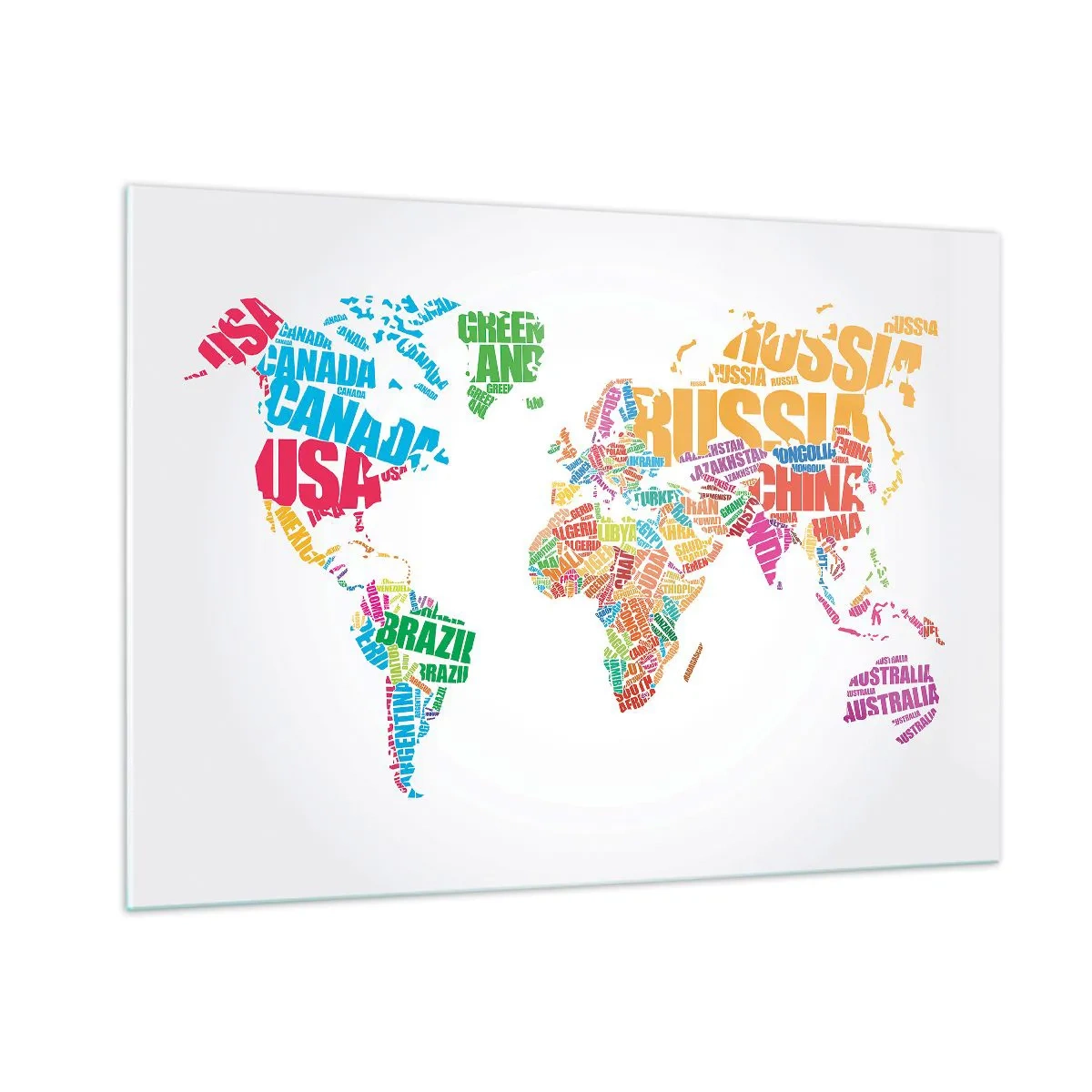 Impression sur verre - Image sur verre - Une carte du monde avec des noms de pays colorés - 100x70cm - je veux tous les rencontrer - Décoration murale moderne pour le salon et la chambre ARTTOR