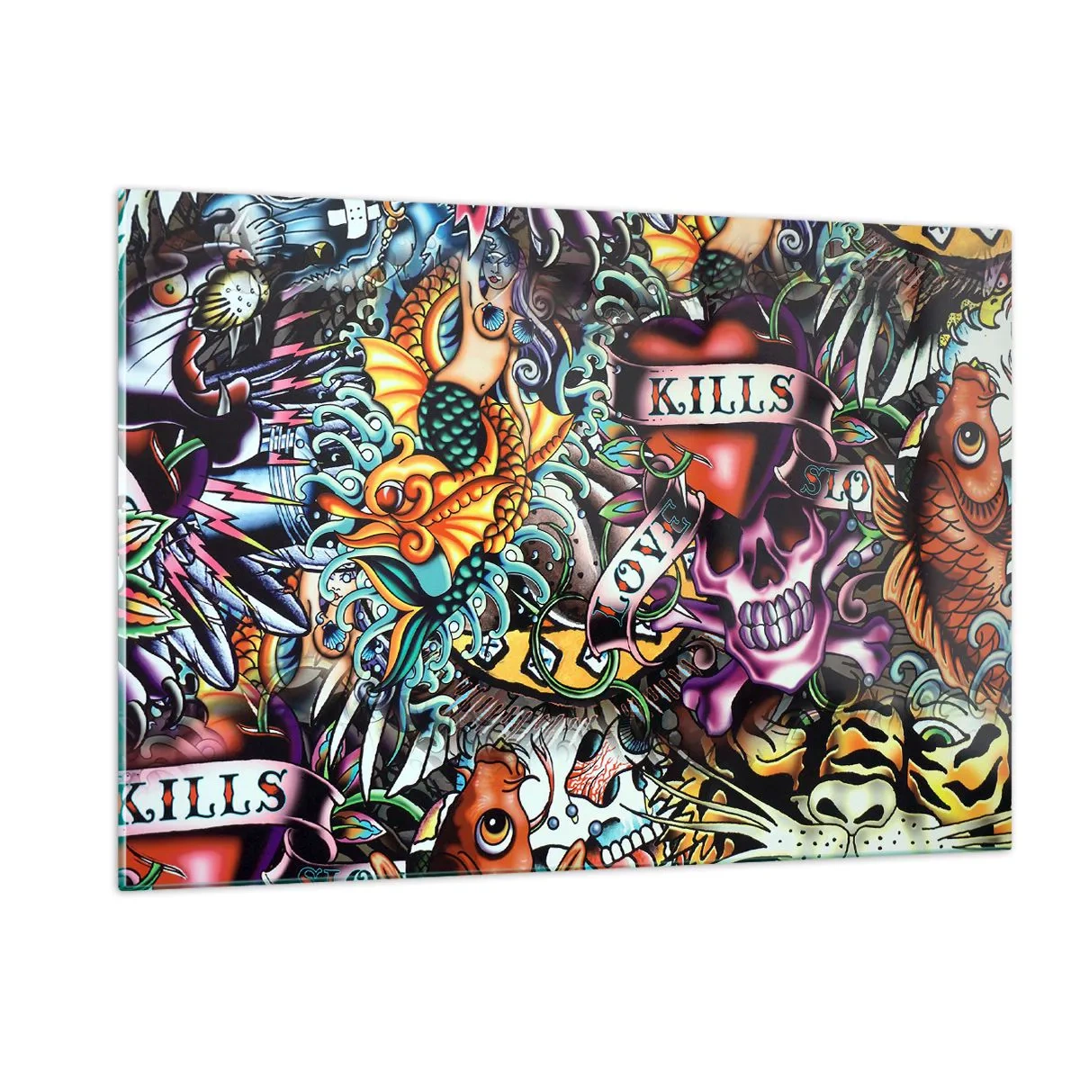 Impression sur verre - Image sur verre - Une composition colorée de motifs inspirés de l'art du tatouage - 120x80cm - Le rêve du tatoueur - Décoration murale moderne pour le salon et la chambre ARTTOR