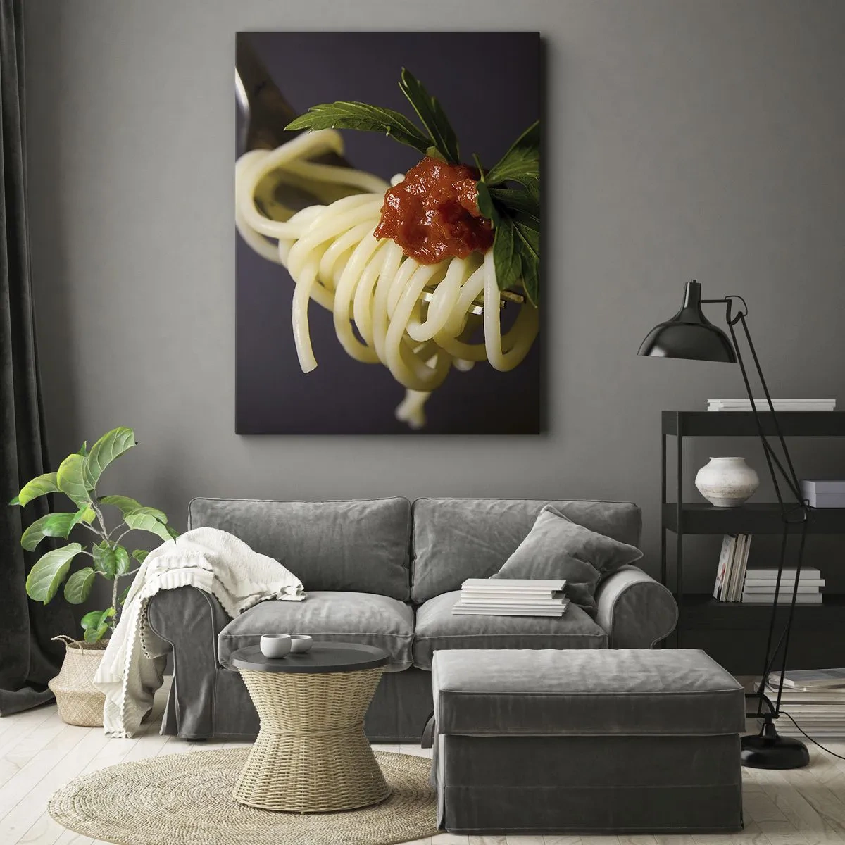 Impression sur toile - Image sur toile - Spaghettis à la fourchette avec sauce tomate et persil - 80x120cm - Une bouchée savoureuse - Décoration murale moderne pour le salon et la chambre ARTTOR