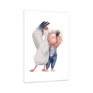 Impression sur verre - Image sur verre - Illustration d'un enfant avec un pélican et un télescope à la main - 70x100cm - Plan de grand voyage - Décoration murale moderne pour le salon et la chambre ARTTOR