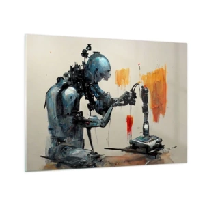 Impression sur verre - Image sur verre - Un robot peignant une main mécanique sur un fond abstrait. - 70x50cm - Déjà demain… - Décoration murale moderne pour le salon et la chambre ARTTOR