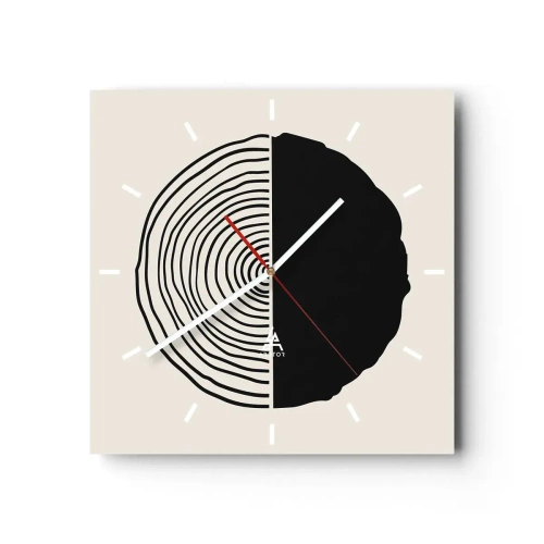 Horloge murale - Pendule murale - Un motif abstrait en noir et blanc inspiré d'une coupe transversale de bois avec une division géométrique. - 30x30cm - Moitié-moitié - Décoration murale moderne pour le salon et la chambre ARTTOR