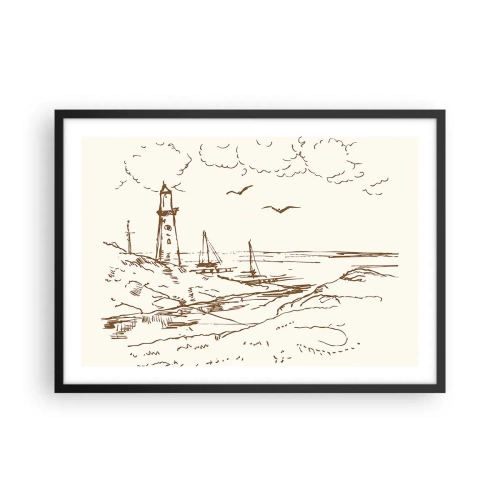 Affiche dans un cadre noir - Poster - Croquis d'un phare surplombant la mer - 70x50cm - Esquisse de souvenirs d'été - Décoration murale moderne pour le salon et la chambre ARTTOR