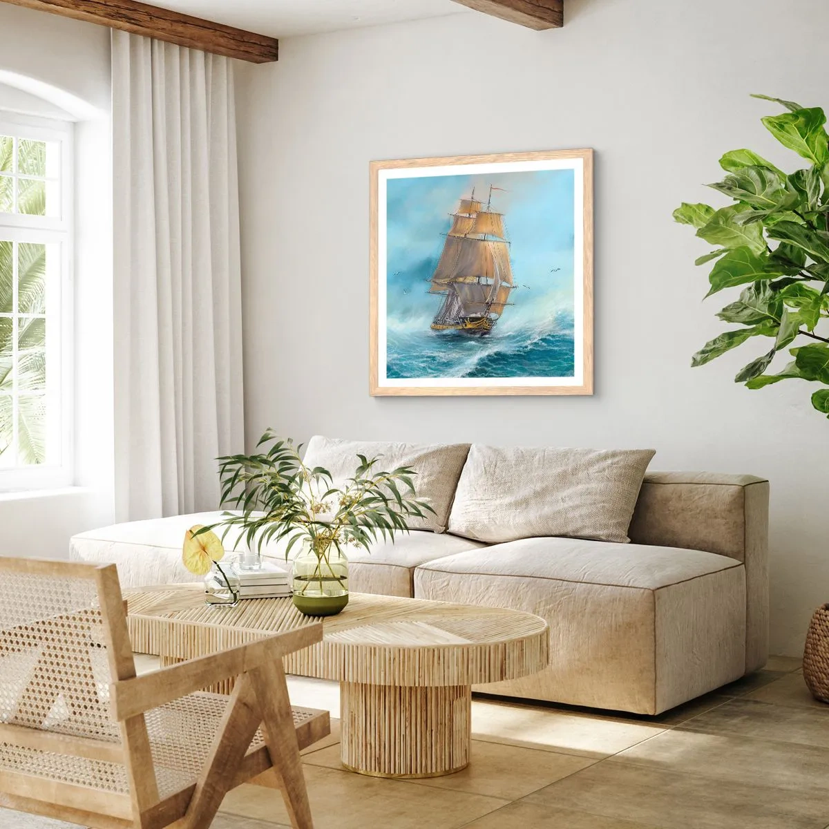 Affiche dans un chêne clair - Poster - Se précipitant sur les vagues - 60x60 cm