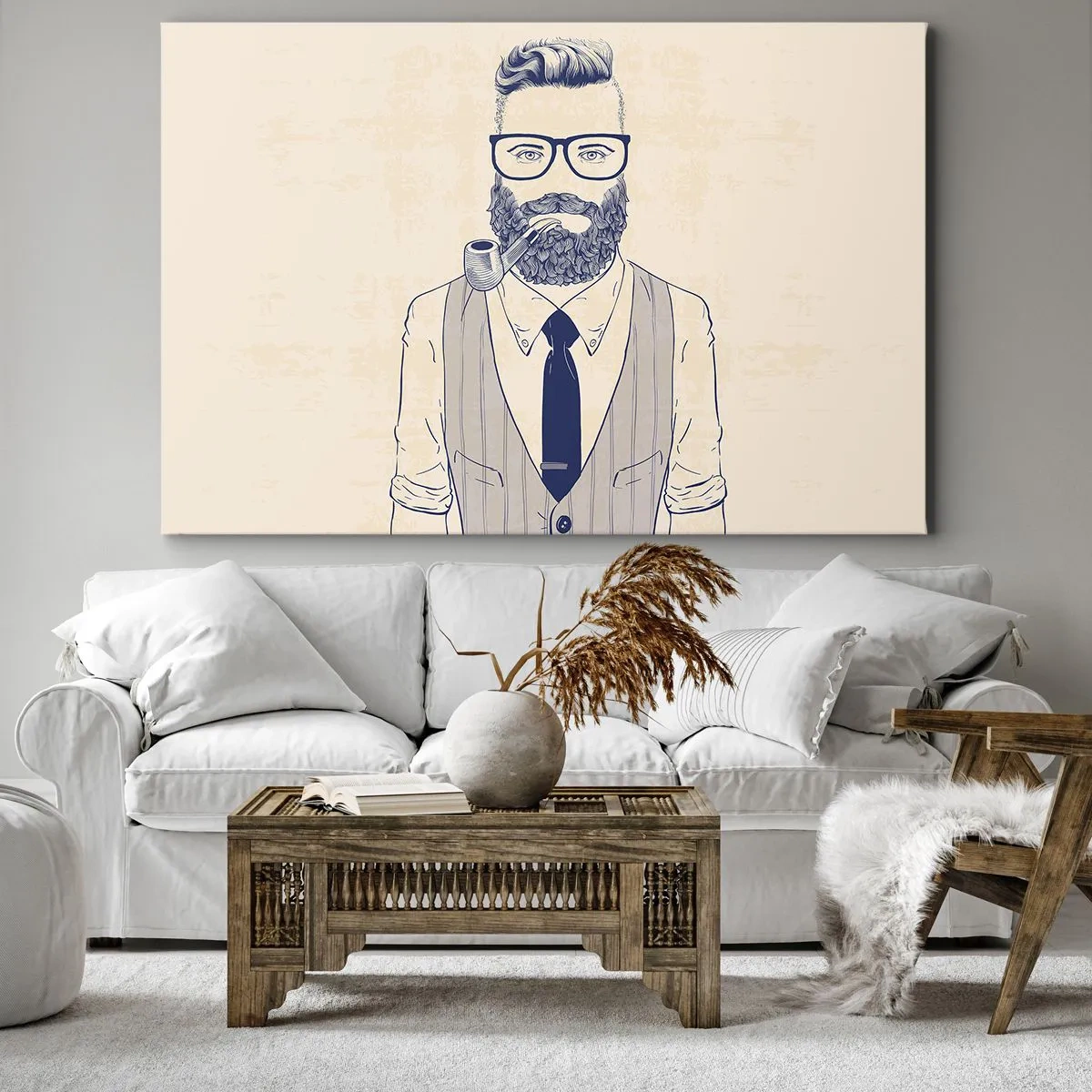 Impression sur toile - Image sur toile - Homme stylisé avec une barbe, une pipe et des lunettes - 120x80cm - Gai, masculin et à la mode - Décoration murale moderne pour le salon et la chambre ARTTOR
