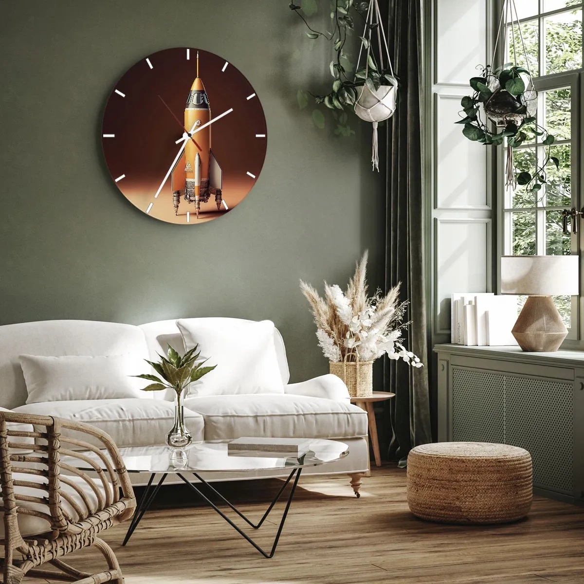 Horloge murale - Pendule murale - Une fusée orange prête à être lancée sur un fond sombre. - 30x30cm - Ça commence par un rêve - Décoration murale moderne pour le salon, la cuisine et la chambre ARTTOR