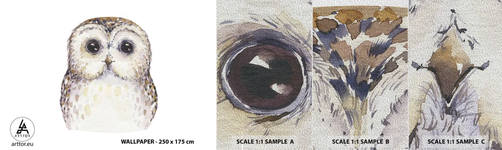 Échantillon de Papier Peint Premium Sand - Regarde-moi dans les yeux - Hibou, Oiseau, Graphique - 100x30 cm