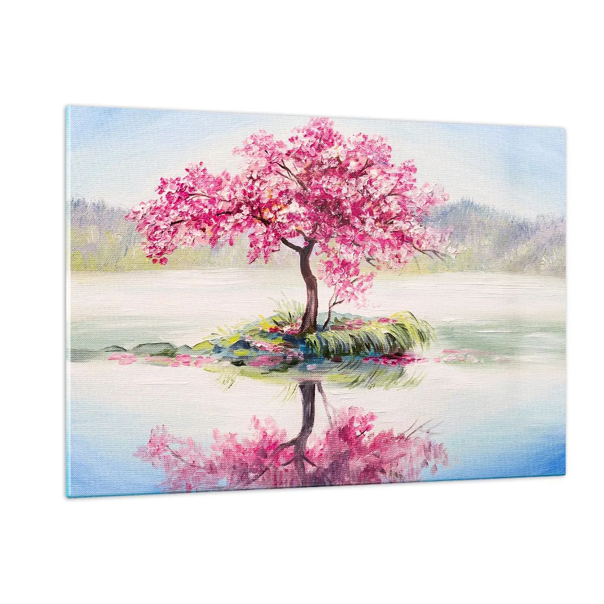 Impression sur verre - Image sur verre - Un arbre rose sur une île se reflétant dans l'eau calme - 120x80cm - Fête du Printemps - Décoration murale moderne pour le salon et la chambre ARTTOR