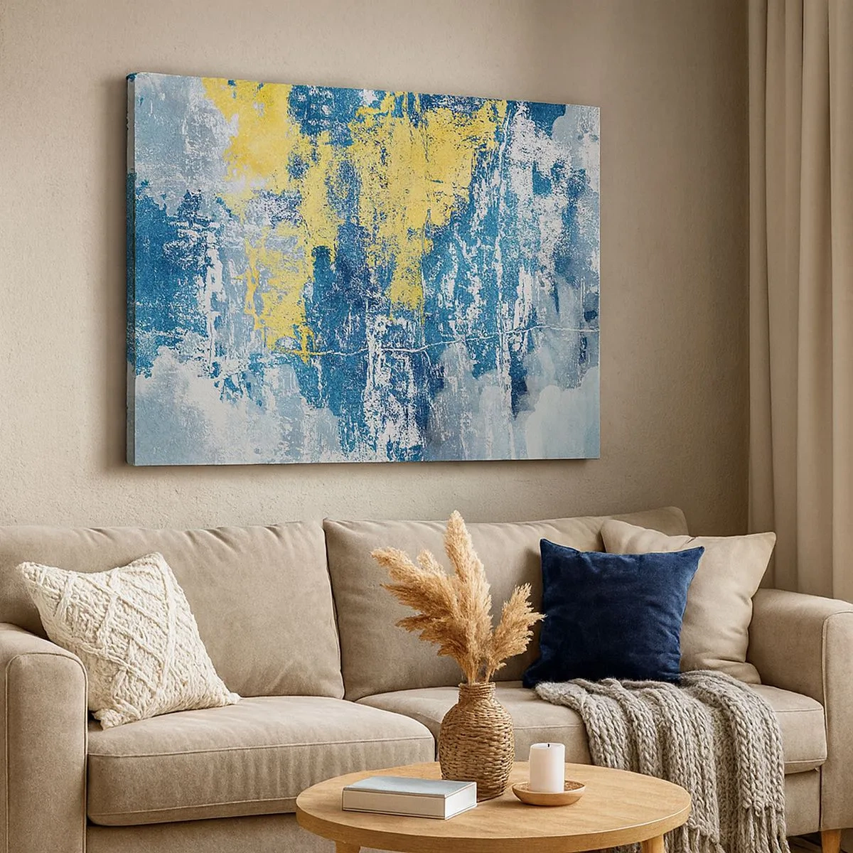 Impression sur toile - Image sur toile - Abstraction dans les tons de bleu et de jaune - 70x50cm - Abstraction du temps - Décoration murale moderne pour le salon et la chambre ARTTOR