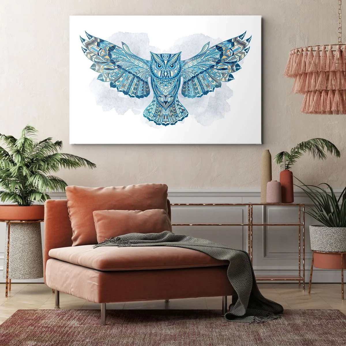 Impression sur toile - Image sur toile - Chouette décorative dans les tons de bleu - 100x70cm - D'un bosquet sacré celtique - Décoration murale moderne pour le salon et la chambre ARTTOR