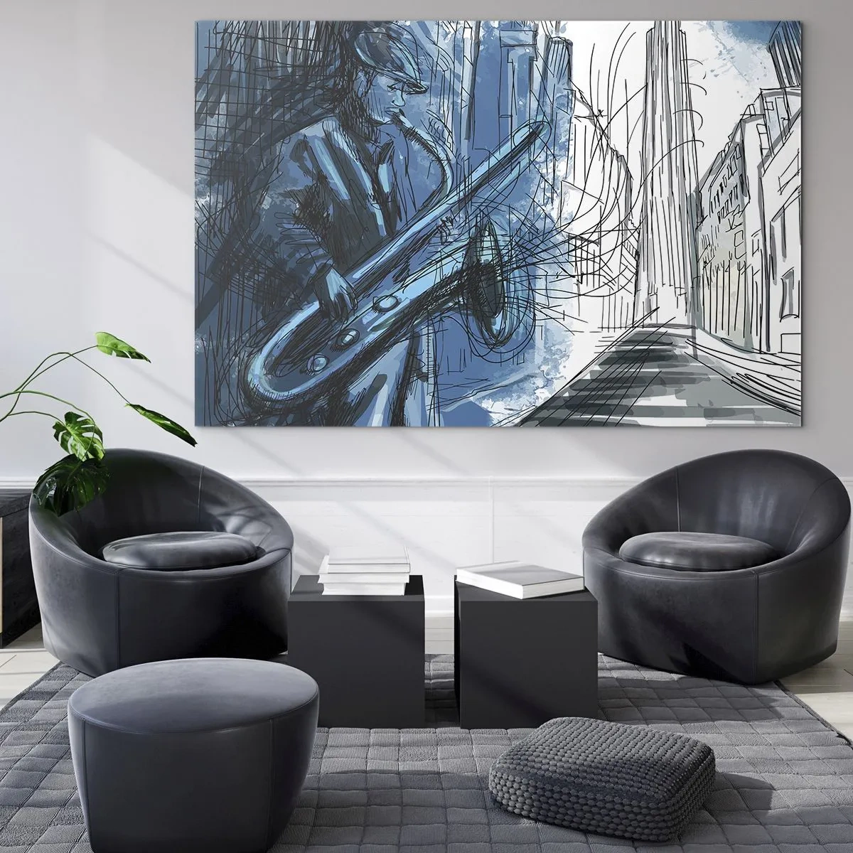Impression sur verre - Image sur verre - Saxophoniste de jazz dans un décor urbain aux teintes bleues - 70x50cm - Rhapsodie urbaine - Décoration murale moderne pour le salon et la chambre ARTTOR