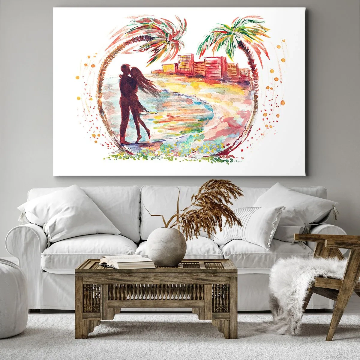 Impression sur toile - Image sur toile - Scène de couple romantique sur une plage avec des palmiers à l'aquarelle - 120x80cm - Vacances romantiques - Décoration murale moderne pour le salon et la chambre ARTTOR
