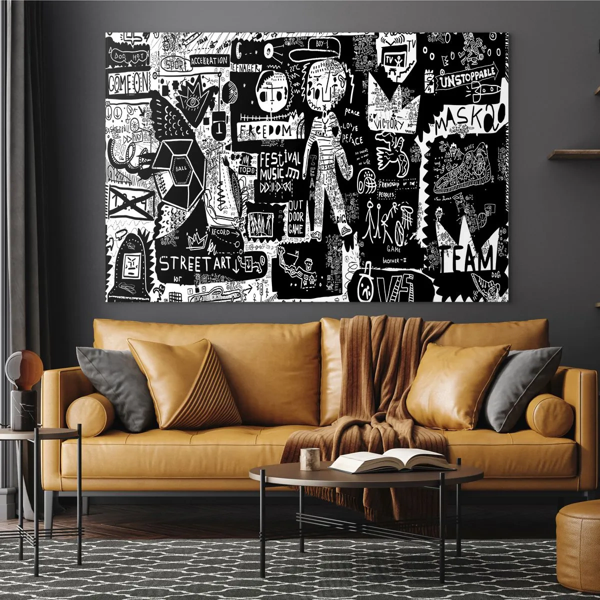 Impression sur verre - Image sur verre - Graphiques de style street art en noir et blanc avec personnages et symboles - 100x70cm - Jeunesse spirituelle de loi et de joie - Décoration murale moderne pour le salon et la chambre ARTTOR