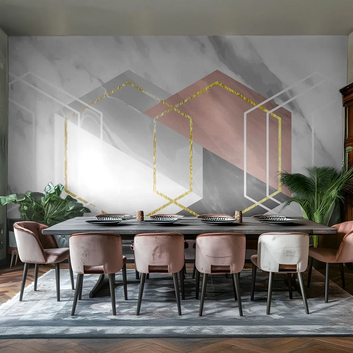 Papier Peint Photo Premium Canvas - Composition en chaîne - Abstraction, Morceau, Hexagone - 400x280 cm