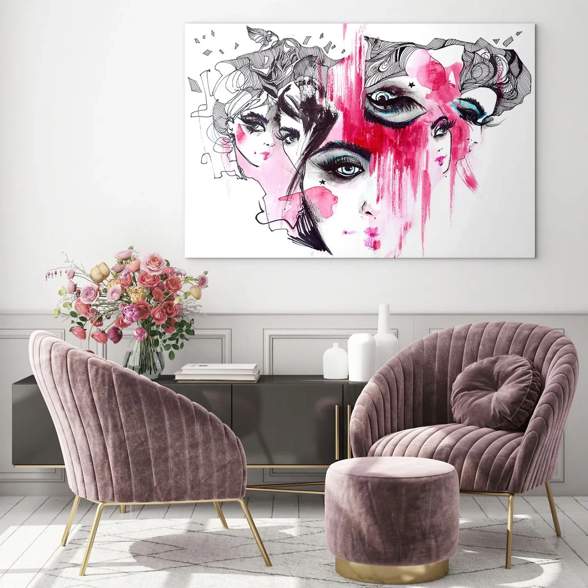 Impression sur verre - Image sur verre - Visages féminins abstraits avec des accents roses dans un style croquis. - 70x50cm - Yeux abstraits - Décoration murale moderne pour le salon et la chambre ARTTOR