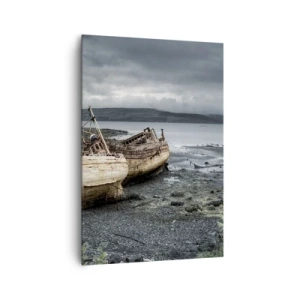 Impression sur toile - Image sur toile - Bateaux abandonnés sur le rivage dans une scène pluvieuse - 70x100cm - "En signe d'épreuves difficile" - Décoration murale moderne pour le salon et la chambre ARTTOR