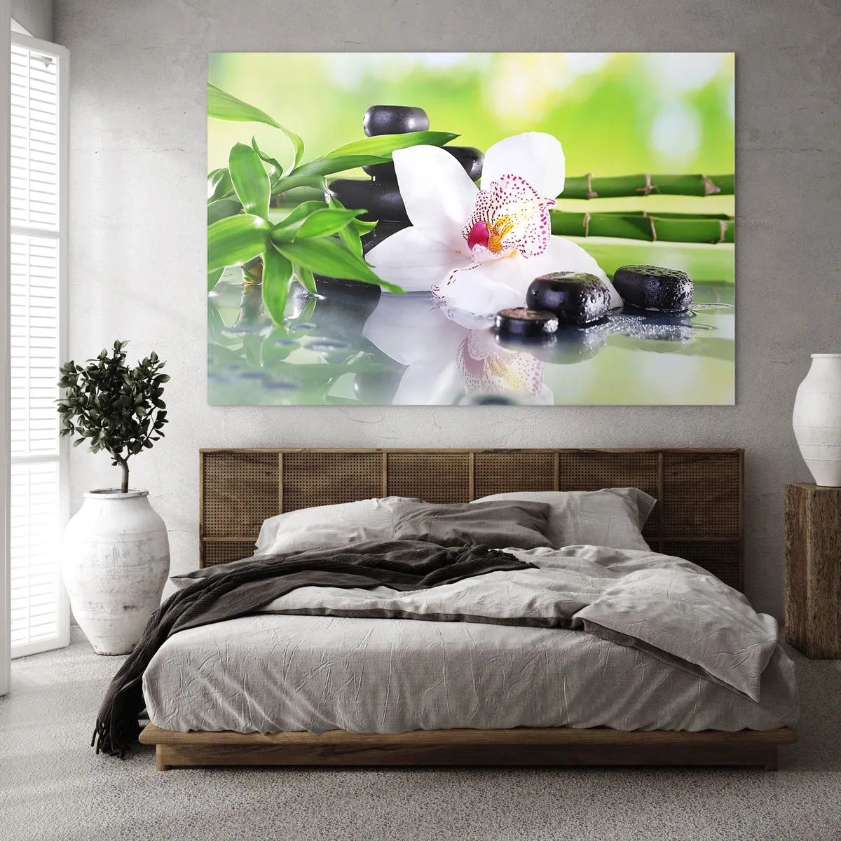 Impression sur verre - Image sur verre - Orchidée, bambou et pierres noires sur fond vert - 70x50cm - Raffraîchissement de fraîcheur - Décoration murale moderne pour le salon et la chambre ARTTOR