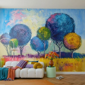 Papier Peint Photo Premium Sand - Arbres abstraits colorés contre un ciel lumineux - 100x70cm - Sphère - la forme idéale - Décoration murale moderne pour le salon et la chambre ARTTOR
