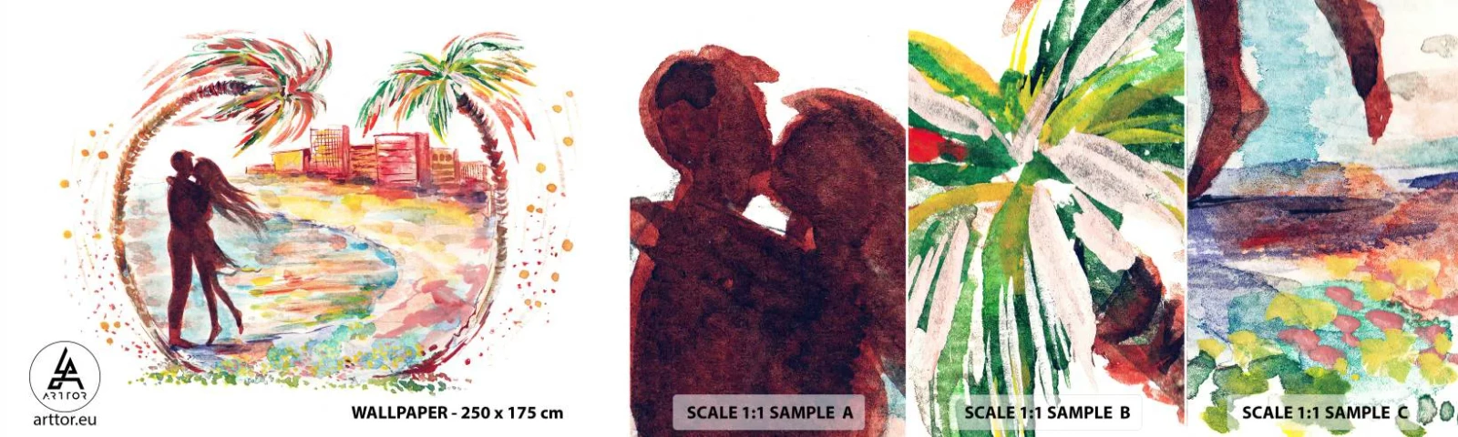 Échantillon De Papier Peint Standard Eco - Vacances romantiques - Personnes, Cocotier, Plage - 100x30 cm