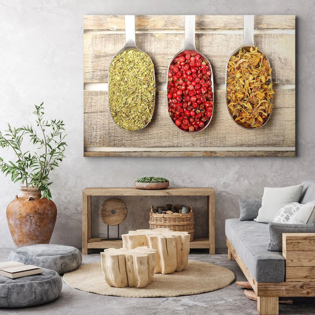 Impression sur toile - Image sur toile - Trois cuillères en métal avec des épices sur un fond en bois - 100x70cm - Magie de la cuisine - Décoration murale moderne pour le salon et la chambre ARTTOR